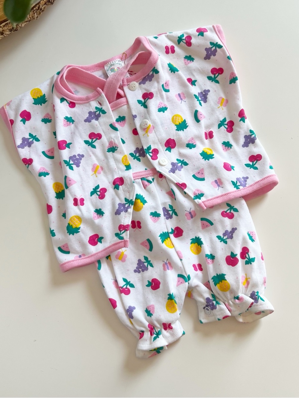 Vintage Toddletime Fruit Overall Bubble Romper & Cardigan 2 Piece Set | 6-9m